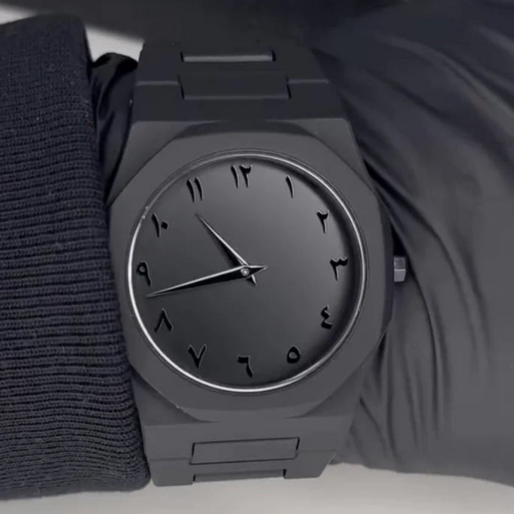 Arabic Numeral Watch, All Black, on the wrist